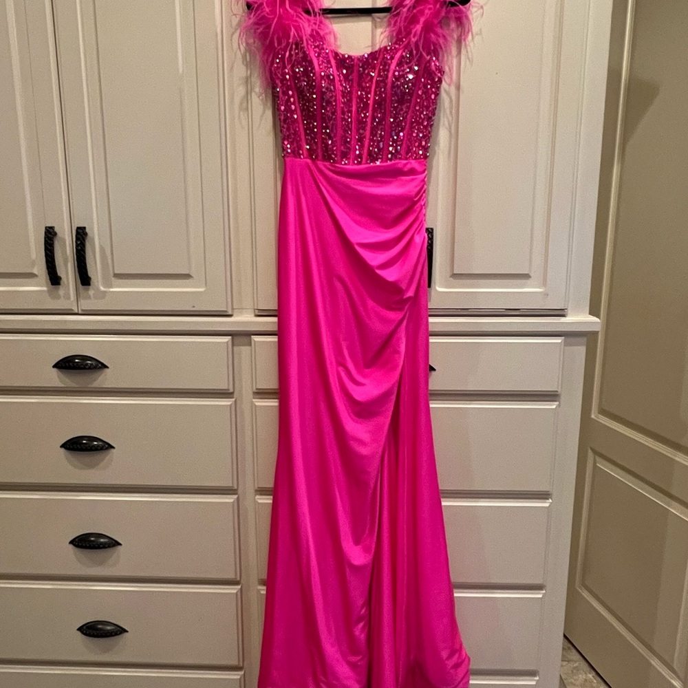 Sherri Hill Pink Feathered Gown
